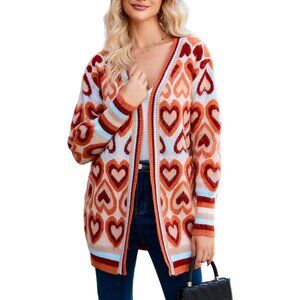 Chunky Heart Cardigan Sweater for Women Long Open Front Color Block Cozy